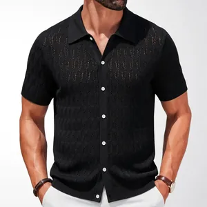 Men's black short-sleeve knit polo shirt with jacquard texture and button-up front.