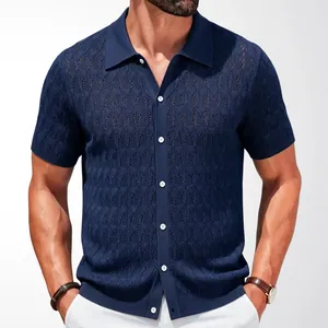 Polo in maglia blu scuro da uomo con trama jacquard e vestibilità slim elegante uomo