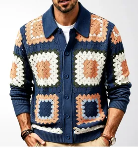 Close-up of men's colorful crochet knit cardigan with intricate square patterns and buttons.
