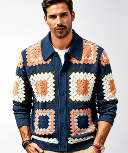 Detail view of men's colorful crochet knit cardigan with classic granny square pattern
