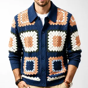 Men Retro Hollow Out Crochet Knit Cardigan SY0046 Granny Square Geometric Pattern Long Sleeve Lapel Thin Sweater Navy Casual Top