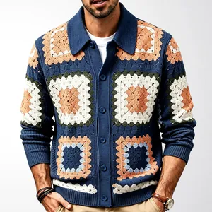 Handmade style men's colorful crochet patchwork knitted cardigan with granny square pattern