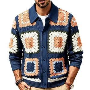 Casual men's long sleeve crochet knit cardigan with colorful square patterns on blue