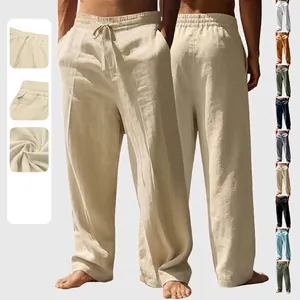 Pantaloni da Uomo Casual in Misto Lino a Gamba Larga Traspiranti Larghi a Gamba Dritta Con Coulisse Elastica in Vita Fondo Vacanza