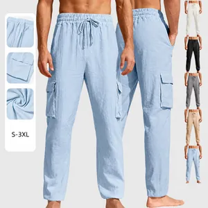 Pantaloni Jogger da Uomo in Lino Casual Tinta Unita Vita Elastica con Coulisse Multi-Tasca Pantaloni Estivi Larghi Leggeri Traspiranti Cargo