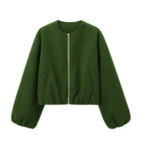 Dark green cropped zip-up bomber jacket for women with elasticated cuffs and hem