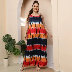 Plus size tie-dye printed cami maxi dress with tie straps and loose fit