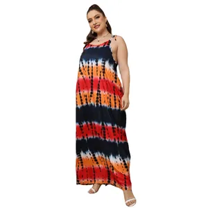 Plus size tie-dye printed maxi dress with thin straps and loose fit style