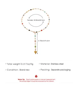 Colorful zircon Y-shaped heart necklace with dimensions and stainless steel material info.