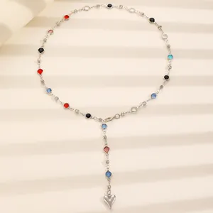 Silver stainless steel Y-shaped necklace with multi-colored stones and heart pendant