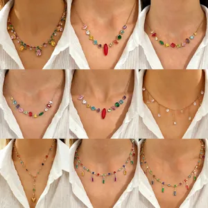 Luxury Colorful Crystal Flower Leaf Water Drop Pendant Necklace Earrings For Women Gold Plated Alloy Party Banquet Jewelry