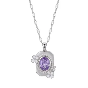 Elegant floral necklace featuring a purple crystal pendant with delicate pearls for women