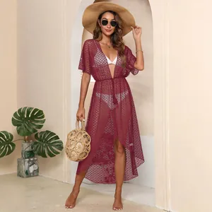 Copricostume da spiaggia sexy in pizzo bordeaux con orlo irregolare e laccetti