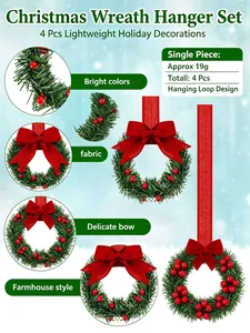 Detail view of 4pcs Christmas wreath set with red bows, berries and hanging ribbons.