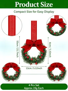 Detailed size guide for mini Christmas wreaths with red ribbon and berries.