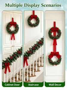 Multiple display scenarios for mini Christmas wreaths with red ribbons and berries.