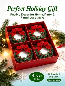 Set of 4 mini Christmas wreaths with red bows in a red gift box packaging