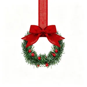 Mini Christmas wreath hanging decoration with red ribbon bow and berries for holidays