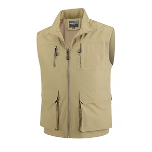 Men's khaki multi-pocket fishing vest for outdoor activities with breathable mesh lining