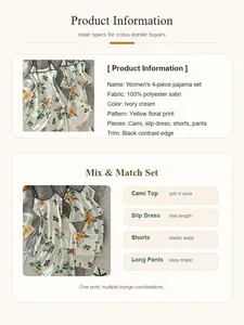 Product detail card showing 4-piece floral satin pajama set with material and style specs