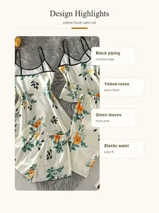 Design details of yellow floral 4-piece satin pajama set with camisole and pants