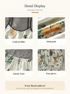 Detailed view of ivory floral satin pajama set including cami, shorts, and pants