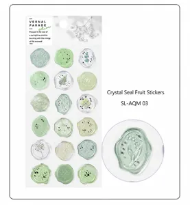 Macro view and full sheet of green floral semi-transparent wax seal decorative stickers