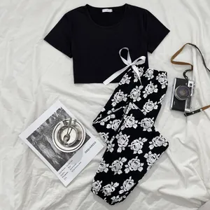 Women Sexy Rose Floral Print Pajamas Set Short Sleeve Crop Top And Long Pants Top And Bottom Loungewear Sleepwear