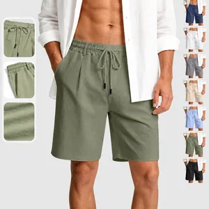 Herren Casual Baumwolle Leinen Shorts Lockere Passform Kordelzug Elastischer Bund Beach Shorts Sommer Einfarbig Gewebt Kurz Hose