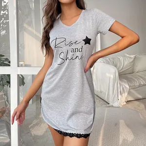 Women's Summer V-Neck Short Sleeve Sleepwear Top Sexy Lace Hem Nightgown Printed Star Lettering Casual Home Service Dress