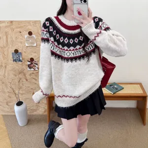 Women Christmas Fair Isle Alpaca Wool Knit Pullover Sweater Vintage Geometric Jacquard Round Neck Loose Long Sleeve Top