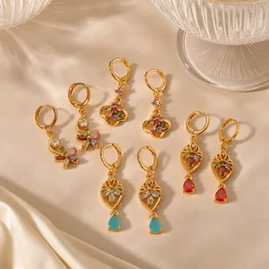 Stainless Steel Drop Earrings Luxury Vintage Gold Plated Zirconia Floral Heart Waterdrop Dangle Earrings For Women Wedding Party Jewelry