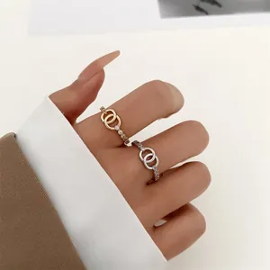 Fashion Women Double Interlocking Circles Open Ring Copper Inlaid Zirconia Elegant Adjustable Finger Jewelry Gift