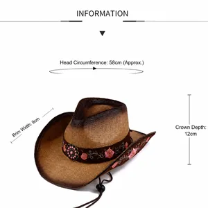 Measurement details for this embroidered western cowboy straw hat with sun protection.