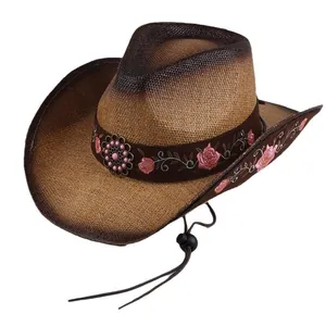 Vintage straw cowboy hat with pink rose embroidery and adjustable chin strap for sun protection