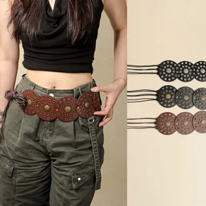 Bohemian Women PU Leather Waist Belt Retro Rivet Round Disc Splicing Lace Up Corset Belt For Dresses Casual Ethnic Waist Chain
