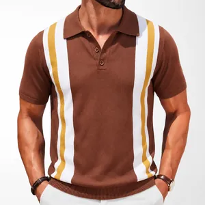 Men's Retro Striped Knitted Polo Shirt Short Sleeve Business Casual Viscose Top Vertical Color Block Polo