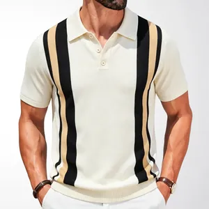 Elegant men's summer knitted polo shirt featuring vertical black and tan stripes in cream
