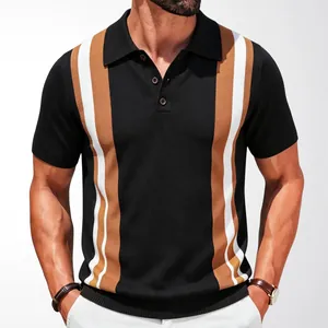 Men's casual business knit polo shirt with stylish vertical stripes in black and brown