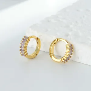 Élégantes créoles en argent S925 plaqué or avec pierres de zircone cubique lavande baguette