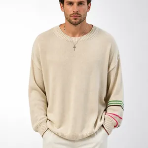 Heren Casual Polyester Gebreide Trui Contrastkleur Gestreept Ronde Hals Lange Mouw Pullover Ruime Pasvorm Streetwear Top Voor Herfst
