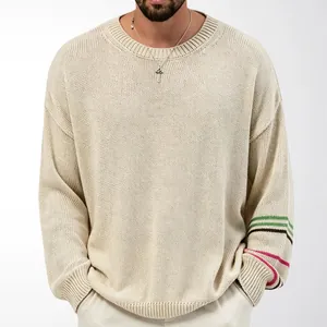 Oversized gebreide herentrui in crème met stijlvolle meerkleurige gestreepte mouwdetails