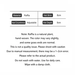 Detail image showing material specifications and care instructions for raffia straw hat