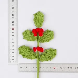 Handmade knitted holly berry branch decoration for Christmas bouquet, total weight 17g