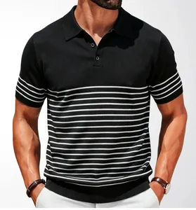 Detailed macro view showing the texture of a men's black and white striped polo shirt
