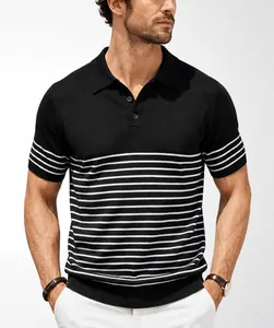 Close-up of the stylish black and white striped knit texture on this men's polo shirt