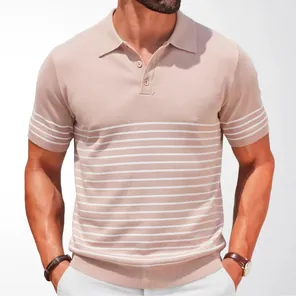 Detailed view of a premium men's short-sleeved knit polo shirt with peach and white stripes