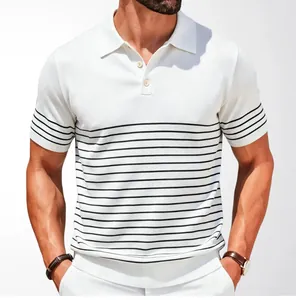 Detail view of a white knitted men's polo shirt with stylish black horizontal stripes