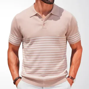 Classic men's beige knitted Polo shirt with white horizontal stripes for casual wear