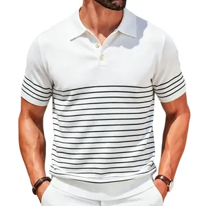 Minimalist black and white striped men's knitted polo shirt with casual lapel collar.